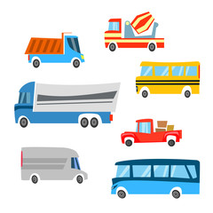 Collection of cartoon trucks and buses for design