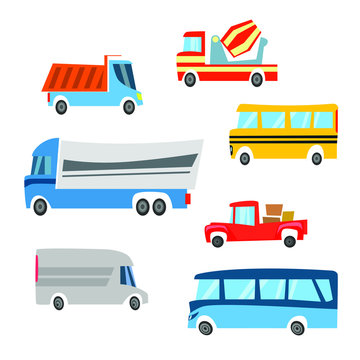 Collection of cartoon trucks and buses for design