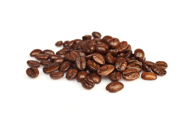 Several coffee beans on a white background