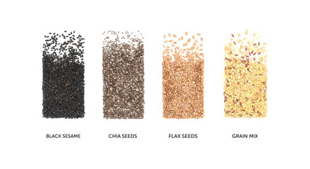 Set of various grains made of chia, flax, black sesame seeds and grain mix isolated on white...
