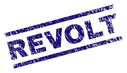 REVOLT seal print with scratced style. Blue vector rubber print of REVOLT caption with grunge texture. Text label is placed between parallel lines.