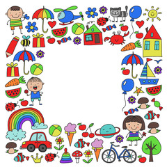 Kindergarten pattern with cute children and toys. Kids drawing style illustration