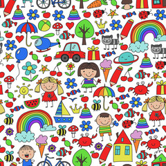 Fototapeta na wymiar Kindergarten pattern with cute children and toys. Kids drawing style illustration