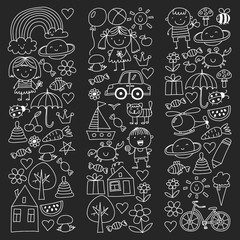 Kindergarten pattern with cute children and toys. Kids drawing style illustration