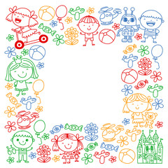 Children with toys. Colorful pattern for kindergarten posters.