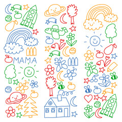 Children drawing. Colorful vector pattern with toys, space, planet