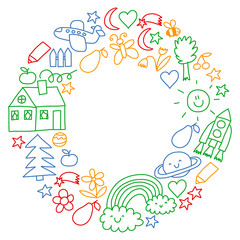 Children drawing. Colorful vector pattern with toys, space, planet