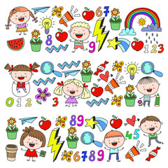 Obraz na płótnie Canvas Vector pattern with kindergarten, school children. Happy children illustration.