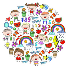 Vector pattern with kindergarten, school children. Happy children illustration.