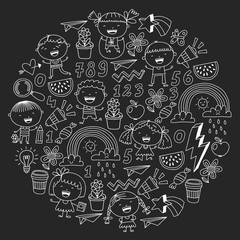 Vector pattern with kindergarten, school children. Happy children illustration.