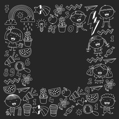 Vector pattern with kindergarten, school children. Happy children illustration.