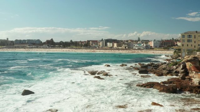 Looking back over Bondi Beach and the Bondi Beach Pavillion