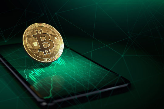 Golden bitcoin levitating over a smartphone with green growth diagram on it. Bitcoin price rises concept. 3D rendering