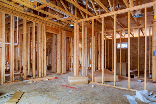 Interior under construction wood studs framing