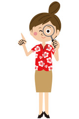 ポップな旅行代理店の女性が虫眼鏡をもって指差し