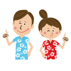 ポップな旅行代理店の男女がポイント説明　上半身