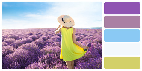 Young woman with bouquet in lavender field. Color palette