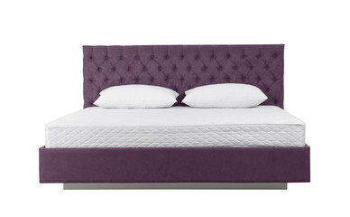 Modern bed with comfortable soft mattress and pillows on white background