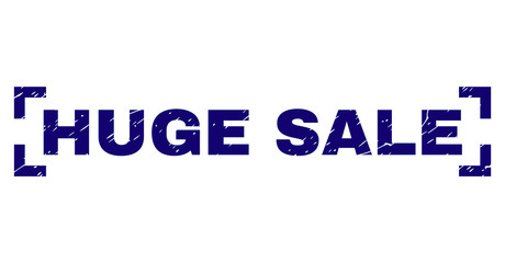 HUGE SALE text seal print with corroded texture. Text label is placed between corners. Blue vector rubber print of HUGE SALE with unclean texture.