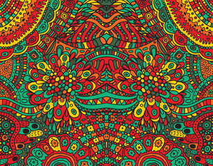 Psychedelic tribal funky symmetrical background. Colorful fantastic cartoon doodle ornament. Vector illustration