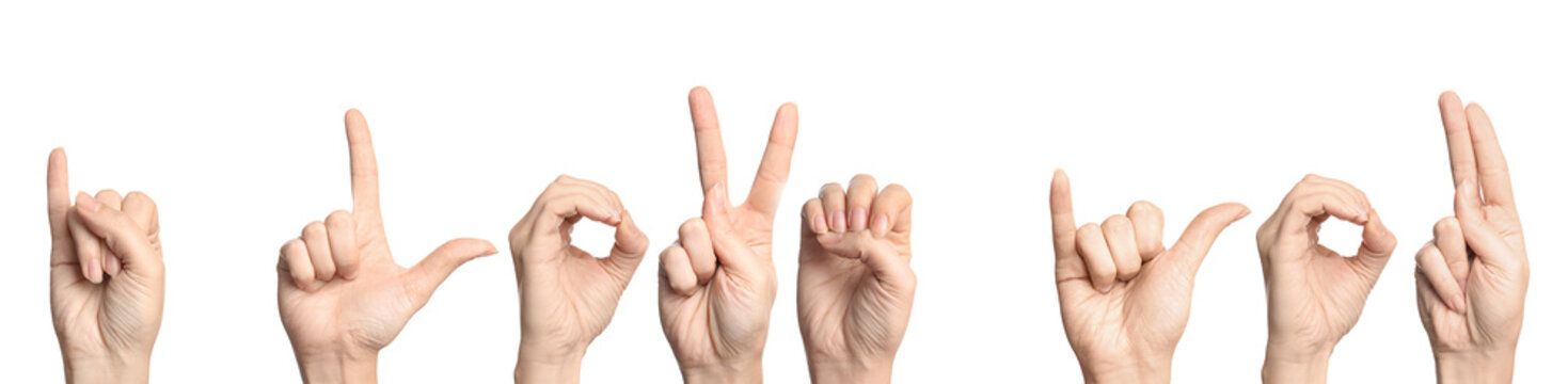 Woman showing phrase I LOVE YOU on white background. Sign language