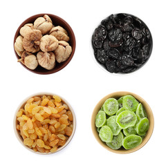 Set of different bowls with delicious dried fruits on white background, flat lay