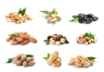 Set of healthy dried fruit and tasty nuts on white background