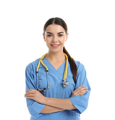 Portrait of medical assistant with stethoscope on white background