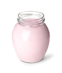 Glass jar with creamy yogurt on white background