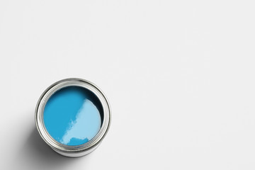 Paint can on white background, top view. Space for text