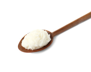 Fototapeta na wymiar Shea butter in wooden spoon isolated on white