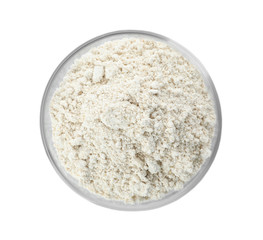Fototapeta na wymiar Bowl of oat flour isolated on white, top view