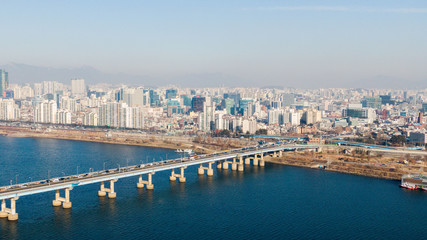 Fototapeta na wymiar Seoul taken with a drone, Korea. bridges across the river