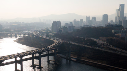 Obraz premium Seoul taken with a drone, Korea. bridges across the river