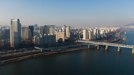 Seoul taken with a drone, Korea. bridges across the river