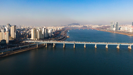 Seoul taken with a drone, Korea. bridges across the river