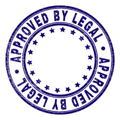 APPROVED BY LEGAL stamp seal watermark with grunge effect. Designed with circles and stars. Blue vector rubber print of APPROVED BY LEGAL tag with grunge texture.