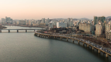 Naklejka premium Seoul taken with a drone, Korea. bridges across the river