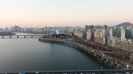 Fototapeta na wymiar Seoul taken with a drone, Korea. bridges across the river