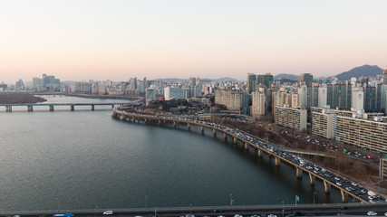 Seoul taken with a drone, Korea. bridges across the river