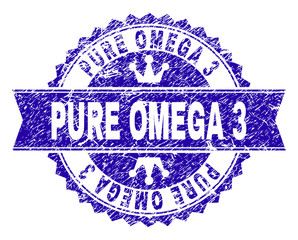 PURE OMEGA 3 rosette stamp seal imitation with grunge texture. Designed with round rosette, ribbon and small crowns. Blue vector rubber print of PURE OMEGA 3 title with scratched texture.