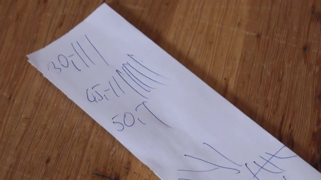 Male hand striking an bar tab on a table in a Czech pub.