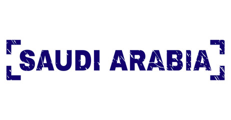 SAUDI ARABIA caption seal print with distress effect. Text caption is placed inside corners. Blue vector rubber print of SAUDI ARABIA with dirty texture.