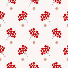 Minimalist seamless pattern with branch and red berries in scandinavian style on polka dots background. Simple flat geometric vector elements for your design.