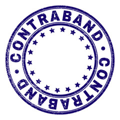 CONTRABAND stamp seal watermark with distress texture. Designed with circles and stars. Blue vector rubber print of CONTRABAND tag with unclean texture.