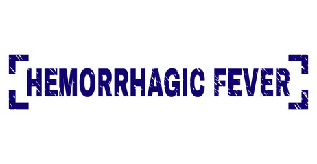 HEMORRHAGIC FEVER tag seal stamp with grunge texture. Text tag is placed between corners. Blue vector rubber print of HEMORRHAGIC FEVER with grunge texture.