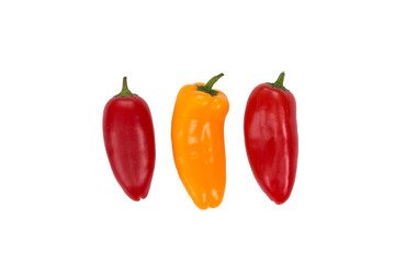 Fototapeta na wymiar Ovely mini red and yellow peppers on white isolate background