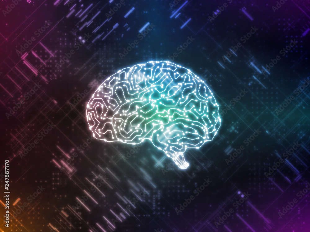 Poster 3D Rendering of artificial intelligence (AI) is operating with abstract data. Glowing brain circuit. For use with deep machine learning, crypto currency, Big data visualization, Data center concept