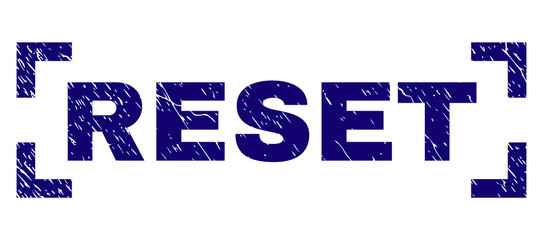 RESET tag seal imprint with distress texture. Text tag is placed inside corners. Blue vector rubber print of RESET with dust texture.