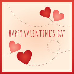 Abstract vector illustration. Greeting text “Happy Valentine's Day”. Hearts with dashed trace. Square format. Peach and pink background. Red border.